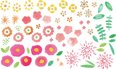 水彩画。水彩タッチのベクター花フレーム。椿と北欧風花の装飾イラストセット。年賀状用和風イラスト。Watercolor painting. Vector floral frame with watercolor touch. Decorative illustration set of camellia and Scandinavian style flowers. Japanese style i