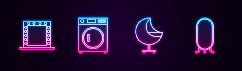 Set line Makeup mirror with lights, Washer, Armchair and Big full length. Glowing neon icon. Vector