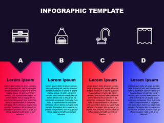 Set line Grand piano, Interior fireplace, Water tap and Curtains. Business infographic template. Vector