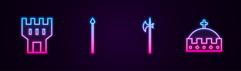 Set line Castle tower, Medieval spear, halberd and King crown. Glowing neon icon. Vector