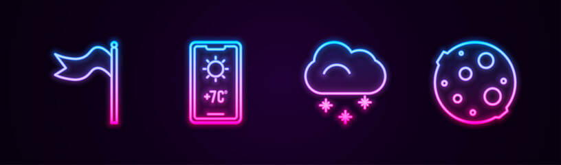 Set line Meteorology windsock wind vane, Weather forecast, Cloud with snow and Moon. Glowing neon icon. Vector - obrazy, fototapety, plakaty