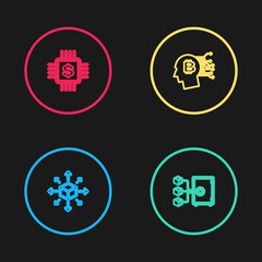 Set line Distribution, Proof of stake, Bitcoin think and Processor chip with dollar icon. Vector