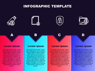 Set line USB flash drive with lock, Document and, Shield security and FTP folder. Business infographic template. Vector