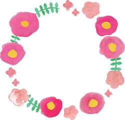 水彩画。水彩タッチのベクター花フレーム。椿と北欧風花のリース。年賀状用和風フレーム。Watercolor painting. Vector flower frame with watercolor touch. Camellia and Scandinavian style floral wreath. Japanese style frame for New Year's cards.