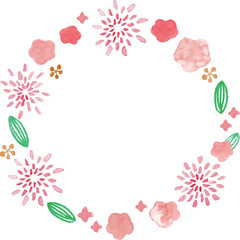 Fototapeta premium 水彩画。水彩タッチのベクター花フレーム。椿と北欧風花のリース。年賀状用和風フレーム。Watercolor painting. Vector flower frame with watercolor touch. Camellia and Scandinavian style floral wreath. Japanese style frame for New Year's cards.