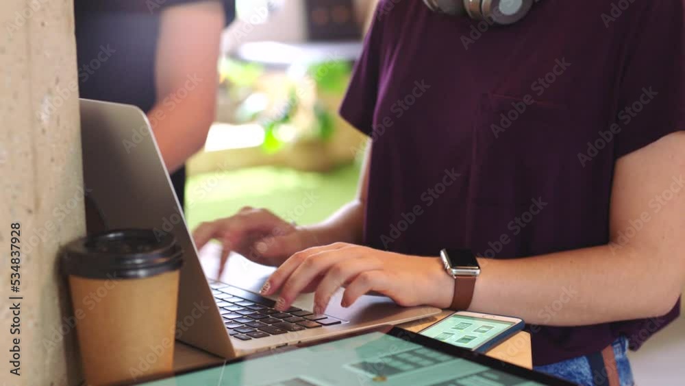 Aufkleber Information technology, man and woman software programmer, designer or hacker coding on laptop in office, Teamwork, ux and web design, creative team at unicorn startup typing code for cyber security.