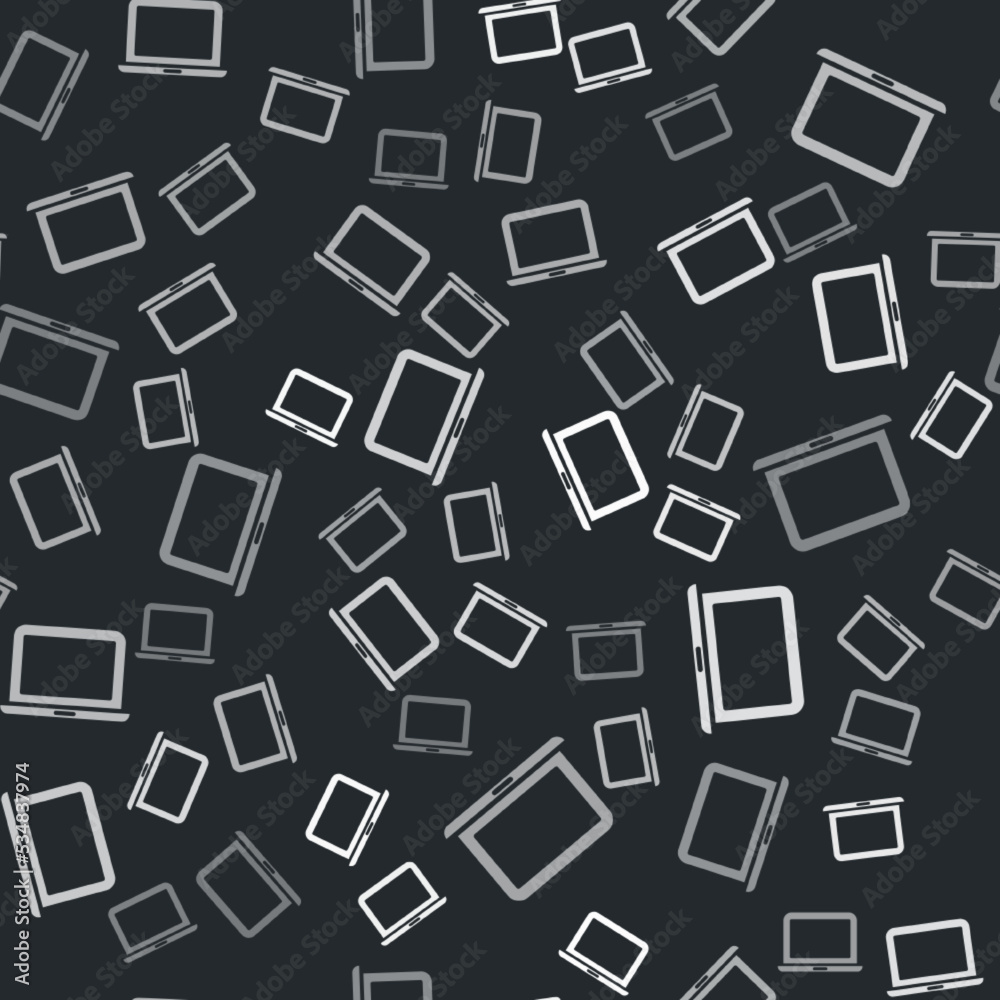 Poster grey laptop icon isolated seamless pattern on black background. computer notebook with empty screen 