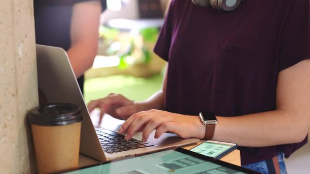 Information technology, man and woman software programmer, designer or hacker coding on laptop in office, Teamwork, ux and web design, creative team at unicorn startup typing code for cyber security.