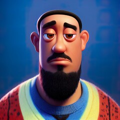 Tired face, dark skin rapper with long beard. Cartoon big eyed close up portrait. Animated movie character design isolated. Digital art style, realistic light render. 3D illustration.