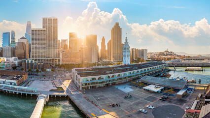Naklejka premium Aerial: San Francisco pretty cityscape in downtown. Drone view 
