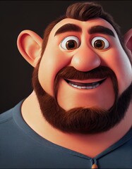 Happy face bearded lumberjack, protruding ears. Cartoon big eyed close up portrait. Animated movie character design isolated. Animation 3d digital art style, realistic light render. 3D illustration.
