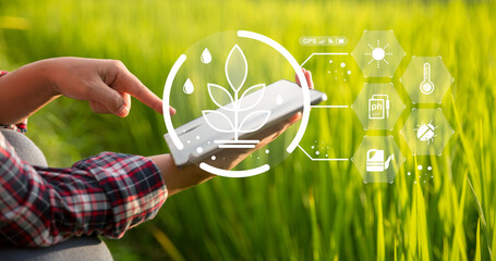 Agriculture technology farmer holding digital tablet or tablet technology to research about...