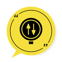 Black Road sign warning two way traffic icon isolated on white background. Yellow speech bubble symbol. Vector