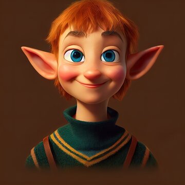 Young Red Haired Smiling Male Forest Elf. Cartoon Big Eyed Close Up Portrait. Animated Movie Character Design Isolated. Animation 3d Digital Art Style, Realistic Light Render. 3D Illustration.