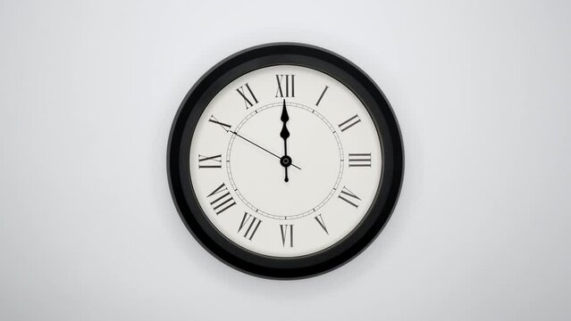 The Time On The Clock Twelve. White Wall Clock With Black Rim And Black Hands. 4k, ProRes