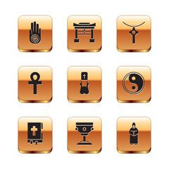Set Jainism or Jain Dharma, Holy bible book, Christian chalice, Priest, Cross ankh, cross on chain, Monk and Japan Gate icon. Vector