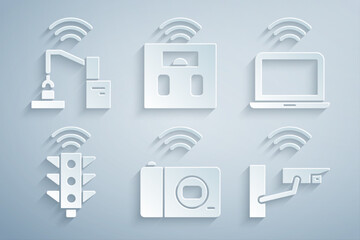 Set Smart photo camera, Wireless laptop, traffic light, security, bathroom scales and Robotic robot arm hand factory icon. Vector