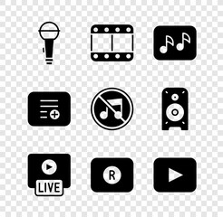 Set Microphone, Play video, Music note, tone, Live stream, Record button, Add playlist and Speaker mute icon. Vector