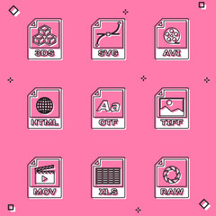 Set 3DS file document, SVG, AVI, HTML, OTF and TIFF icon. Vector