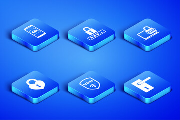 Set Door handle, Mobile eye scan, Shield with VPN wireless, Castle in the shape of heart, Password protection and Laptop password icon. Vector