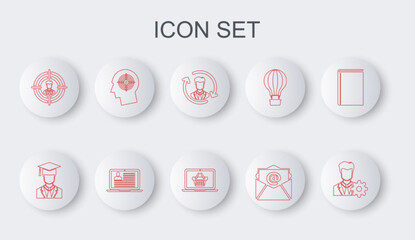 Set line Profile settings, Graduate with graduation cap, Human resources, Mail and e-mail, Head hunting, concept, Laptop resume and Shopping basket laptop icon. Vector