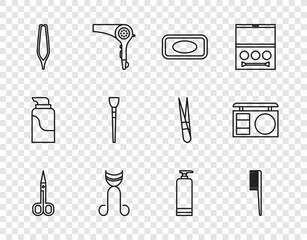 Fototapeta premium Set line Scissors, Hairbrush, Bar of soap, Eyelash curler, Eyebrow tweezers, Makeup, Cream cosmetic tube and shadow palette icon. Vector