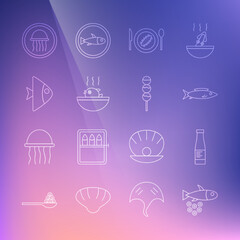 Set line Fish with caviar, Sauce bottle, Served cucumber on plate, Puffer fish soup, Jellyfish and Takoyaki stick icon. Vector
