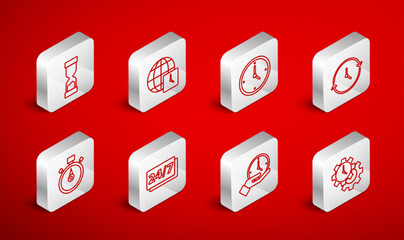 Set line Time Management, World time, Clock, Old hourglass, 24 hours and Stopwatch icon. Vector