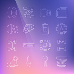 Set line Car air filter, Chassis car, Speedometer, Check engine, Timing belt kit, High beam, tire and key with remote icon. Vector