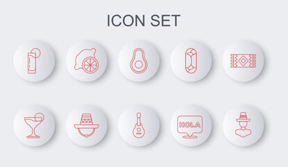 Set line Mexican man sombrero, Margarita cocktail, Avocado fruit, Hola, Tequila glass with lemon, Lemon, and guitar icon. Vector © vector_v