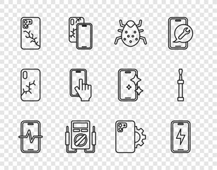 Set line Phone repair service, Mobile charging battery, System bug, Multimeter, with broken screen, and Screwdriver icon. Vector