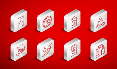 Set line Online ordering and delivery, Steak meat on plate, Cookbook, Slice of pizza, Salt, Knife spoon, Hot chili pepper pod and Roasted turkey chicken icon. Vector