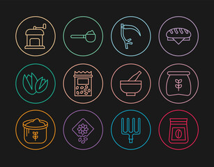 Set line Bag of coffee beans, flour, Scythe, Pack full seeds plant, Pistachio nuts, Manual grinder, Mortar and pestle and Measuring cup with icon. Vector