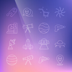 Set line Alien, UFO flying spaceship, Ray gun, Great Bear constellation, Telescope, Astronaut helmet, Comet falling down fast and Planet icon. Vector