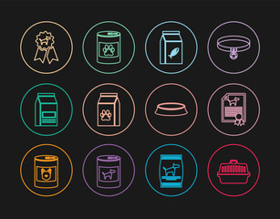 Set line Pet carry case, Certificate for dog or cat, Bag of food, pet, Dog award symbol, bowl and Canned icon. Vector