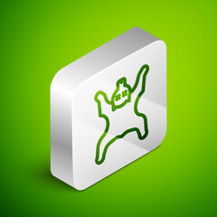 Isometric line Bear skin icon isolated on green background. Silver square button. Vector