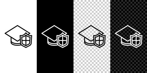 Set line Graduation cap with shield icon isolated on black and white background. Insurance concept. Security, safety, protection, protect concept. Vector.