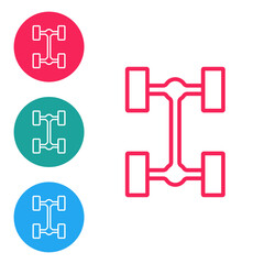 Red line Chassis car icon isolated on white background. Set icons in circle buttons. Vector