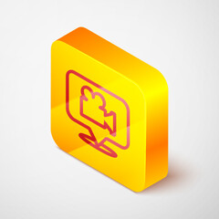 Isometric line Camera and location pin icon isolated on grey background. Yellow square button. Vector