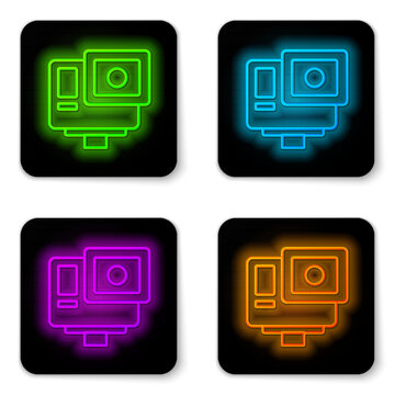 Glowing neon line Action extreme camera icon isolated on white background. Video camera equipment for filming extreme sports. Black square button. Vector