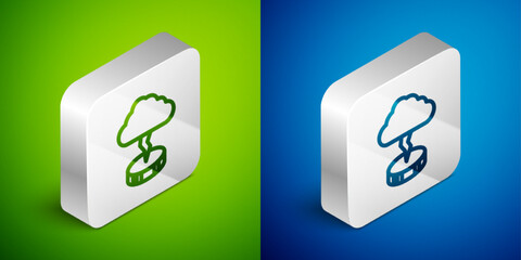 Isometric line Storm icon isolated on green and blue background. Cloud and lightning sign. Weather icon of storm. Silver square button. Vector