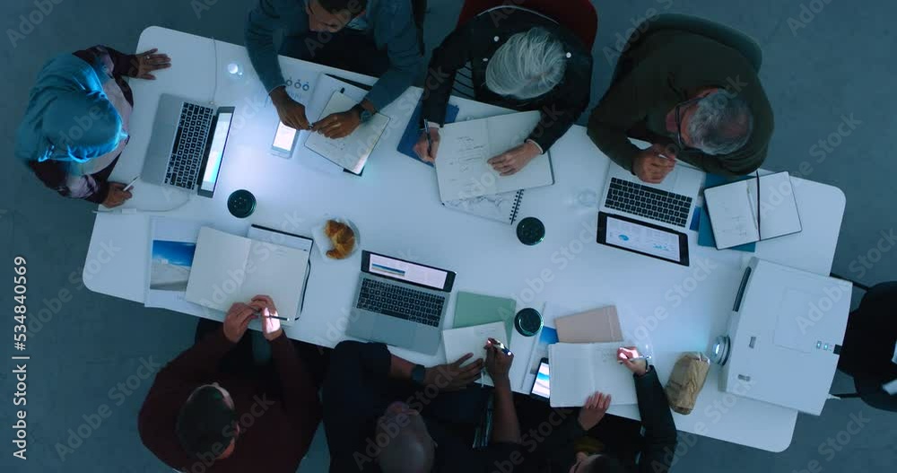 Aufkleber office team planning a strategy and working at night with teamwork, commitment and collaboration in 