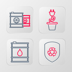 Set line Recycle inside shield, Oil barrel, Electric saving plug pot and Radioactive waste icon. Vector