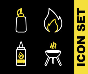 Set line Fire flame, Barbecue grill, Ketchup bottle and Mustard icon. Vector