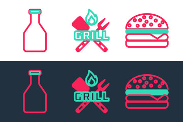 Set line Burger, Ketchup bottle and Crossed fork and spatula icon. Vector