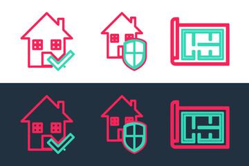 Set line House plan, with check mark and under protection icon. Vector