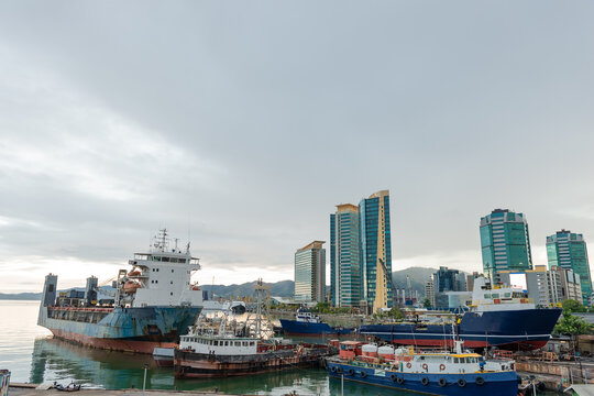 Wharf ship Port of Spain Trinidad waterfront skyscraper city sea
