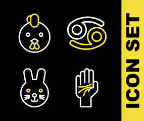 Set line Cancer zodiac, Palmistry of the hand, Rabbit and Rooster icon. Vector