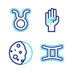 Set line Gemini zodiac, Eclipse of the sun, Palmistry hand and Taurus icon. Vector