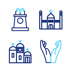 Set line Hands in praying position, Church building, Muslim Mosque and Stage stand or tribune icon. Vector